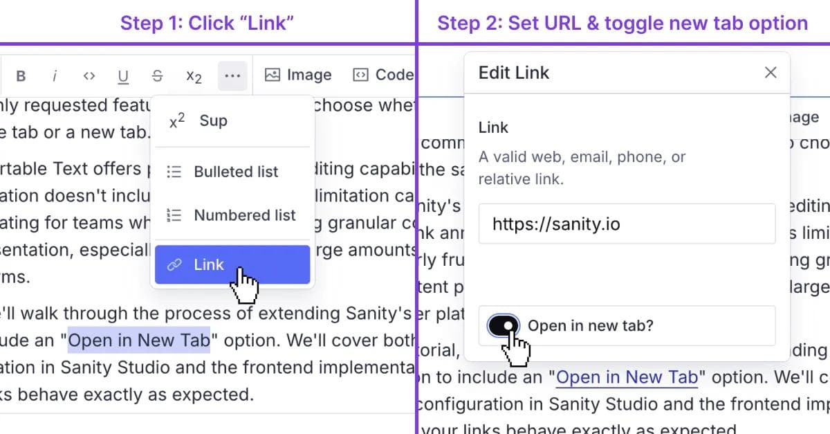 steps for how to add new "open in a new tab" option to Sanity CMS block dialog