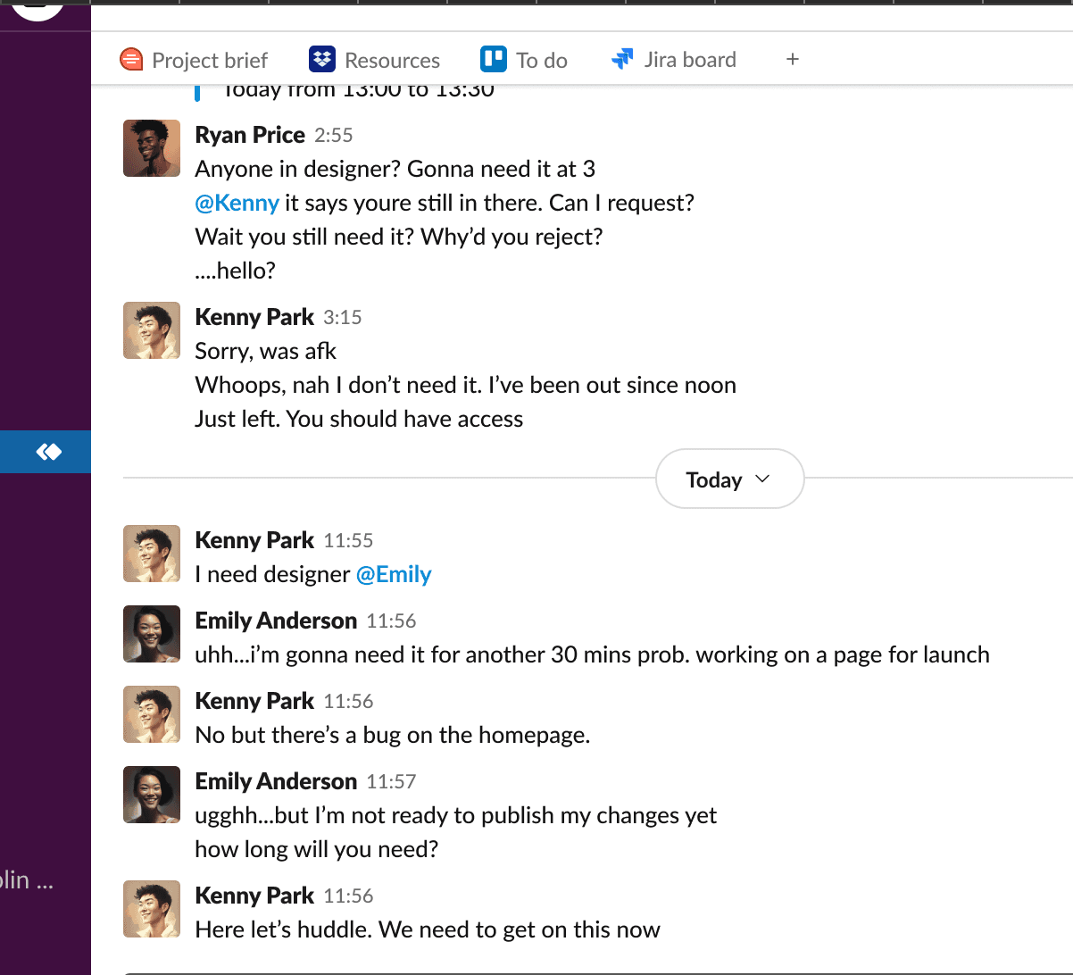 teammates conversing in Slack about who can access Webflow's designer mode