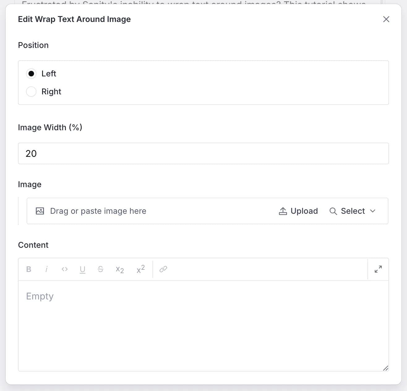 Sanity dialog for setting properties of wrapped text around image