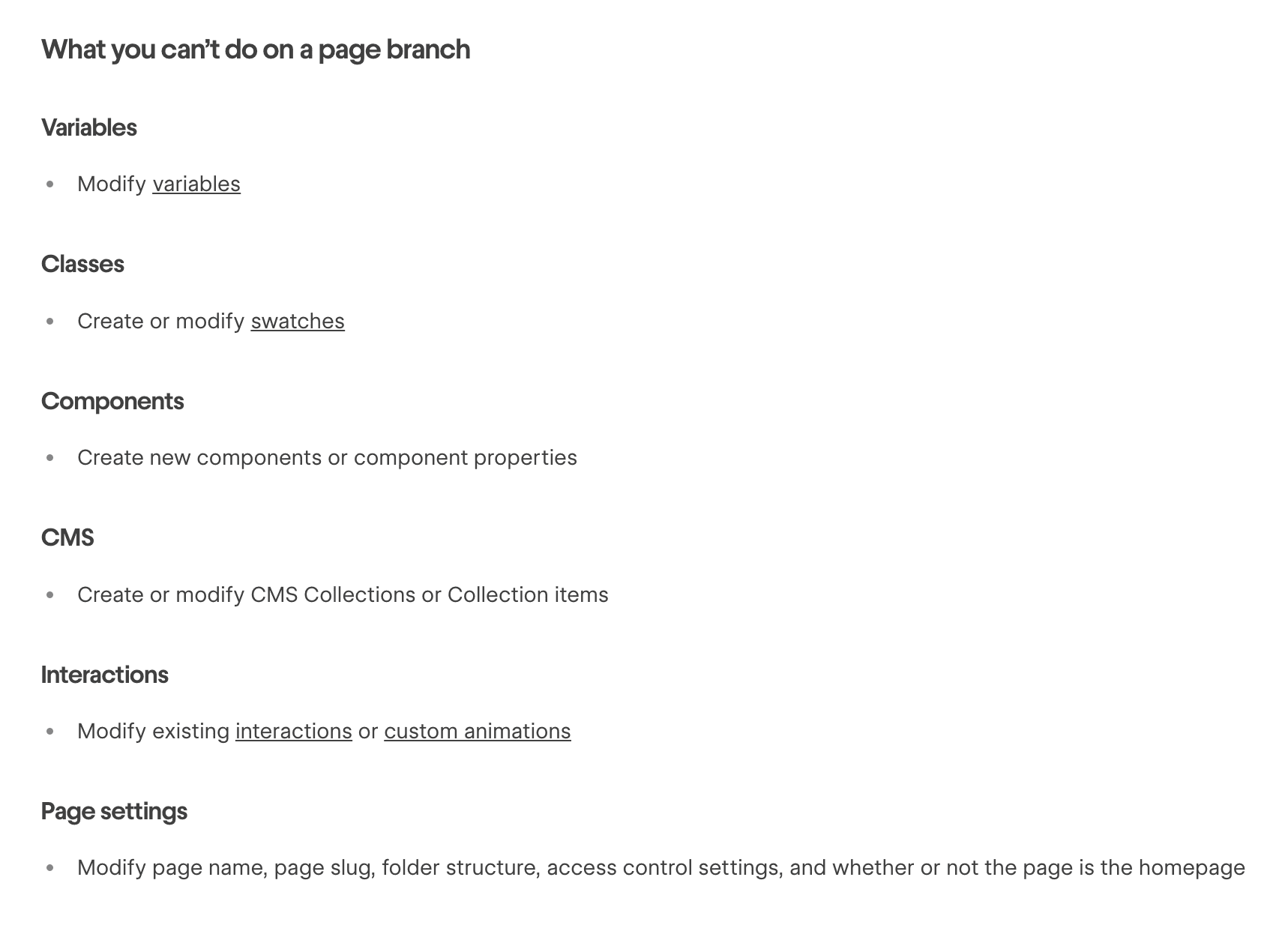 List of limitations of Webflow's page branching feature