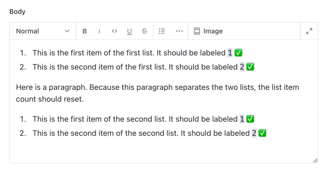 numbered list working properly in Sanity, post version 3.53.0 upgrade